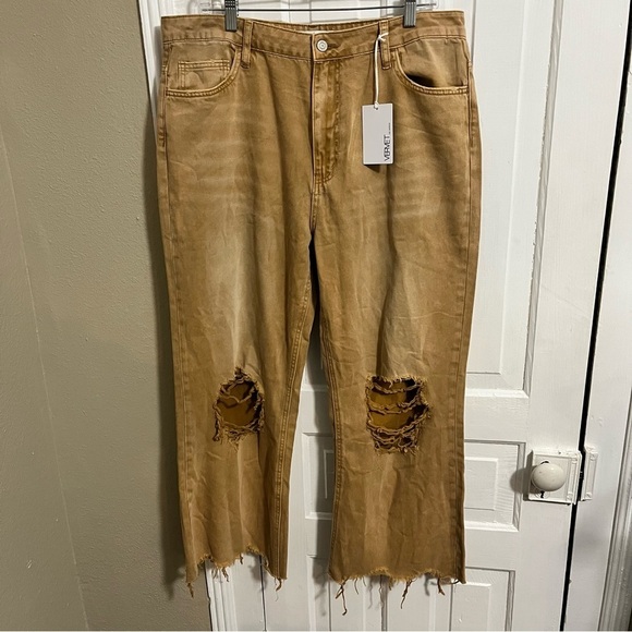 Vervet Leslie Super High Rise 90's Vintage Crop Flare Jeans Tan Brown Size 32 U - Picture 3 of 11